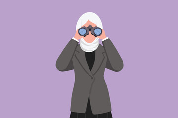 Graphic flat design drawing Arab businesswoman looking through binoculars searching for job. Find all opportunities in the world of suitable jobs. Business metaphor. Cartoon style vector illustration