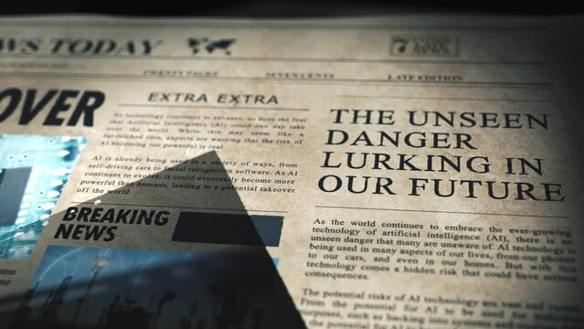 Futuristic interactive Newspaper Breaking News artificial intelligence AI takeover Hypothetical scenario on Earth, unpredictably out of control technology growth title piece news with motion graphic