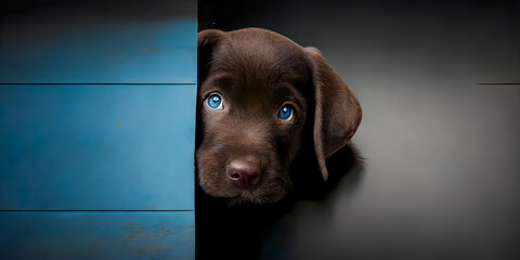 A portrait featuring a charming brown Labrador puppy behind a blue wall, generative AI - obrazy, fototapety, plakaty