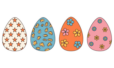 Groovy hippie Happy Easter. Set of Easter eggs with patterns in trendy retro 60s 70s style.