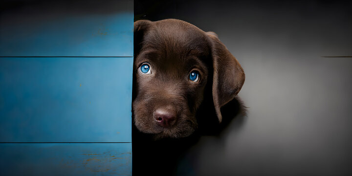 A portrait featuring a charming brown Labrador puppy behind a blue wall, generative AI