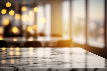 Marble empty table, office restaurant hotel business copy space, blurred bokeh light window background