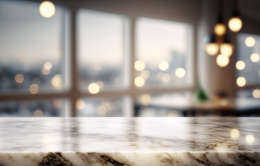 Marble empty table, rooftop penthouse bar restaurant hotel countertop copy space, blurred skyline bokeh light background