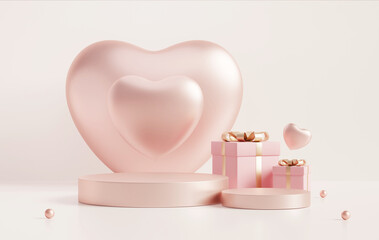 3D rendering pink product display stands with pastel pink gift boxes and rose gold heart shape balloon on light beige background. Luxury sweet Valentine's day product display scene.	