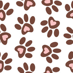 Seamless pattern of animal paws. Paw prints. Dog and cat puppy icon. Traces of a pet.
