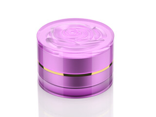 Cosmetic or Skincare acrylic jar,purple rose carving design on cover,inner body & cover is rough metallic, purple front view ,on white background.3d rendered.