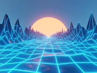 Sci-fi road with an outline glowing. A futuristic path surrounded by a mountain with a shining sun at the end. Retrowave horizon landscape with blue neon lights and low poly terrain.