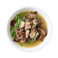 Spicy brown jelly mushroom soup with pork, local Thai food