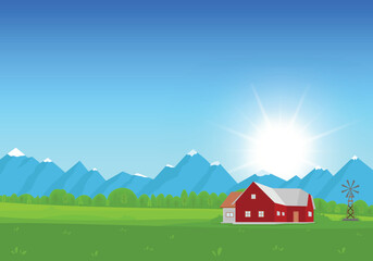 Farmhouse landscape with windmill, and mountain background vector illustration.