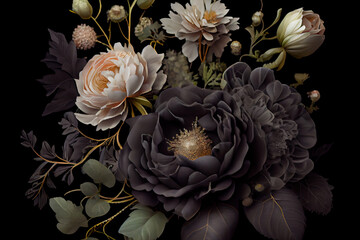 a bouquet of black and white flowers