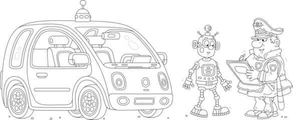 Zelfklevend Fotobehang Funny traffic cop making a fine to an inattentive robot driver on a self driving car during patrolling on a road, black and white outline vector cartoon illustration for a coloring book © Alexey Bannykh