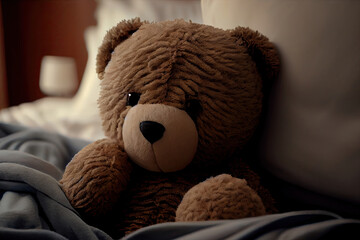 a fluffy teddy bear for kids, lying in bed covered up