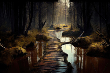 a swamp landscape in the forest, path leads through it