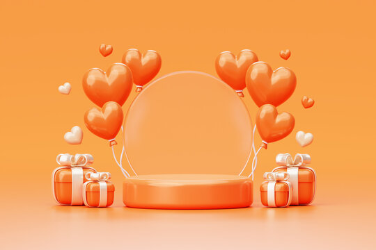 Orange podium with heart balloon and gift box special surprise sale shopping promotion mockup background 3D illustration empty display scene presentation for product placement