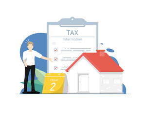 Personal housing tax concept, Human standing with housing information, Digital marketing illustration.