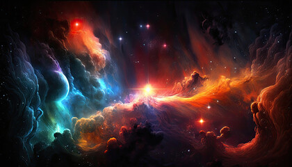 rising star in the middle of space nebula, colorful play of lights