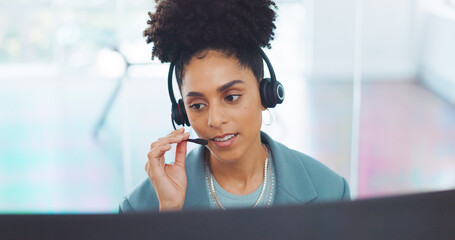 Contact us, crm or black woman in a call center consulting, communication or speaking of loan advice at office desk. Telemarketing, customer support or African agent helping a life insurance client