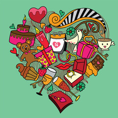 Cartoon vector hand drawn Doodle Happy Valentines Day illustration. Colorful detailed design background with objects and symbols. All objects are separated