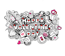 Cartoon vector hand drawn Doodle Happy Valentines Day illustration. Colorful detailed design background with objects and symbols. All objects are separated