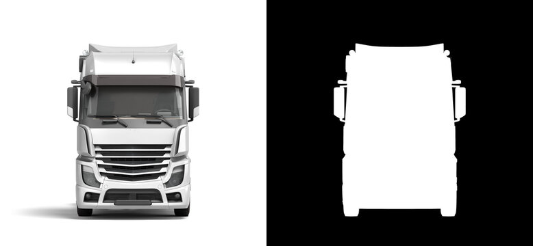 White truck with black inserts with carrying capacity of up to five tons front view 3d render on white with alpha