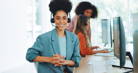 Black woman, call center and contact us with CRM and portrait in office with smile and professional...