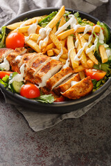 Pittsburgh salad is a layered salad made of lettuce, vegetables, grilled meat, shredded cheese, riviera dressing, and French fries closeup on the bowl on the table. Vertical