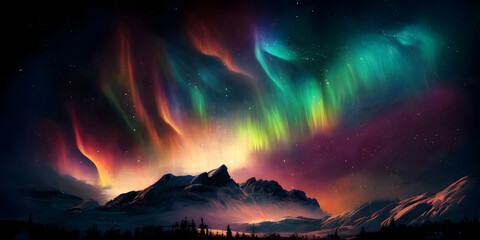 Aurora borealis, Northen polar lights, colorful sky, Winter dark snowy mountain landscape. AI generative