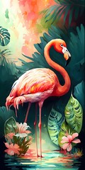 Beautiful flamingo in watercolor style. Generative AI