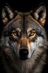 Fototapeta premium Wolf with yellow eyes and a black background. Generative Ai