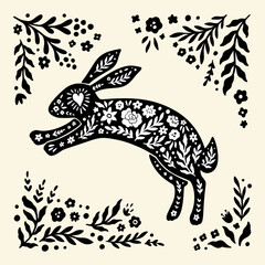 Happy Easter Vector Background with Rabbit. Spring Greeting Card with Floral Bunny and Lettering. Vector Illustration of Flower Frame and Folk Style Rabbit. Linocut Easter Design for Print, Banner.