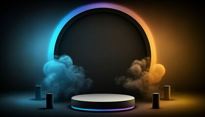 Empty dark display product podium with smoke float up and neon round background, with product placement area. Generated with AI. Suitable to use for display your brand or product promotion
