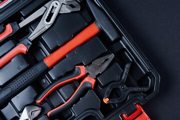 Toolbox with hand instruments for repair, close up. Set of tools for maintenance