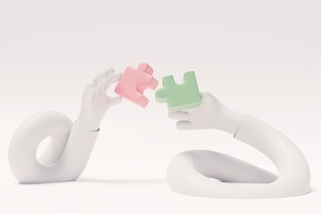 Jigsaw puzzle connecting, Team business success concept, Partnership or teamwork, Hand holding Jigsaw puzzle, 3d rendering, 3d illustration, Brainstorming background