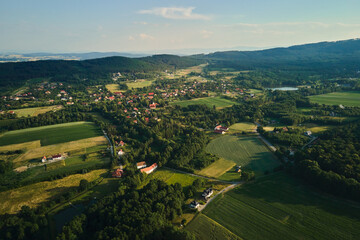 Overhead view of beautiful suburb landscape, Aerial view of countryside area with village and green...