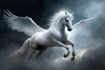 Plakat White horses with wings are flying
