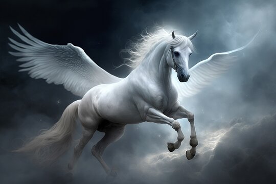 White horses with wings are flying