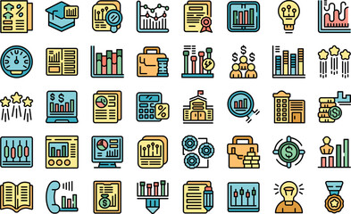 Trade school icons set outline vector. Money academy. Bank education color line on white isolated