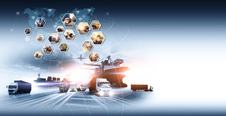 Smart logistics and transportation Concept, Transportation and logistic network distribution growth. Container cargo ship and trucks of industrial cargo freight for import export industrail background