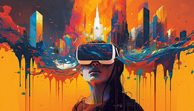 Virtual Reality illustration girl with a VR headset, warm painted colors technology big city future infinite creative possibility