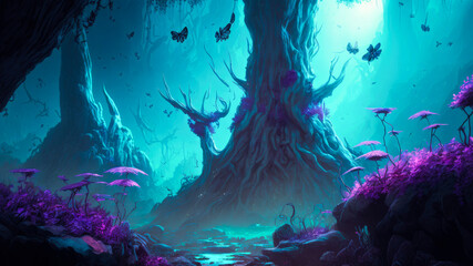 Fototapeta na wymiar Fantasy magic forest with river and fairy, concept artwork. Fantasy landscape, strong color.