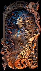 Painted wood relief carving of psychic wave, explosion celest, intricately carved