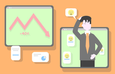 stock market crash, a downward trend in stock prices is depicted on a graph. The sad man sees the value of his portfolio decline as a result of the market