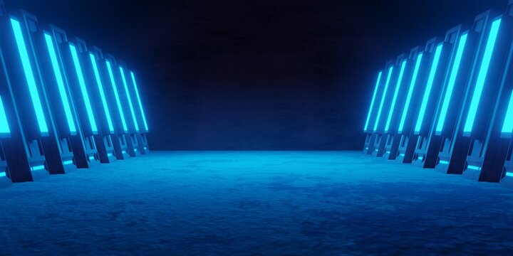 3d rendering of blue neon glowing spaceship corridor background dark. Cyberpunk concept. Scene for advertising, showroom, technology, game, sport, metaverse. Sci-Fi Illustration. Product display © Tanawat Thipmontha