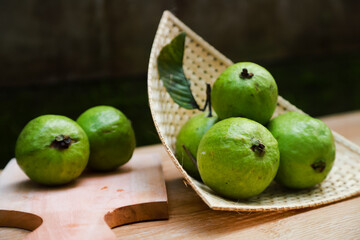 Some fresh guava on bamboo tray
