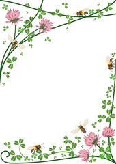 Set of vector illustrations with bees and flowers of clover for corner design