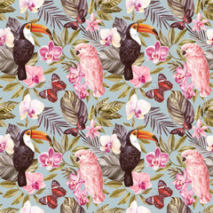 Tropical seamless vintage pattern, palm leaves, orchid flowers and birds. Exotic jungle wallpaper. hand drawn botanical