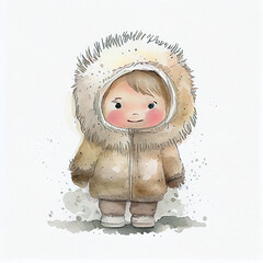 Watercolor illustration of a cute eskimo kid. Generative ai - obrazy, fototapety, plakaty