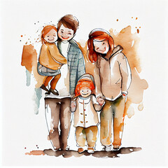 Watercolor illustration of a happy family. Generative ai