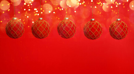 Fototapeta na wymiar Red new year balls on a red background with garland lights banner