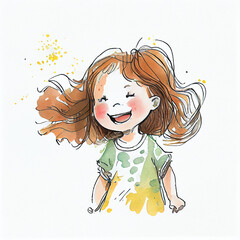 Watercolor illustration of a cute girl having fun. Generative ai